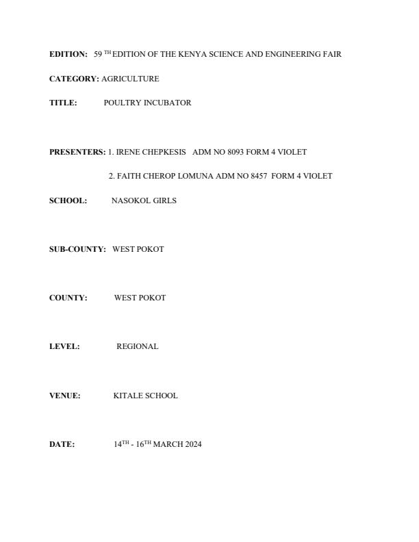 Page 1 – Poultry Incubator- KSEF project (Agriculture) – Kenyaplex