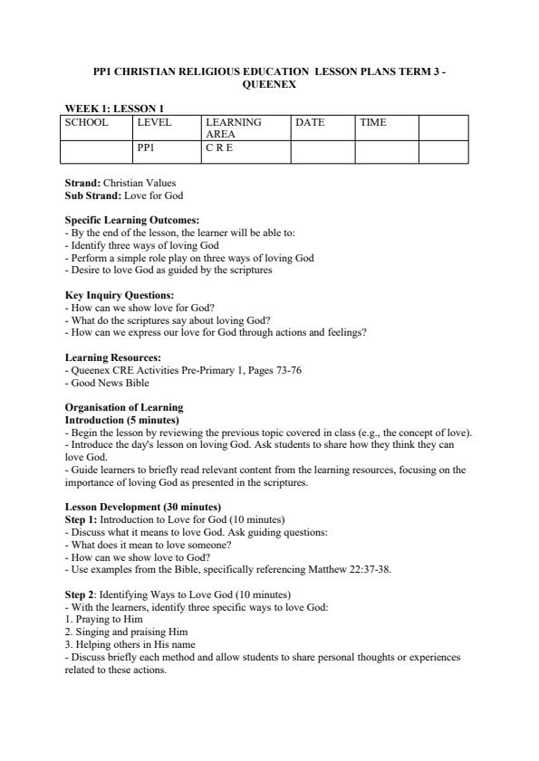 Page 1 – Pp1 CRE Lesson Plans Term 3 - Queenex – Kenyaplex