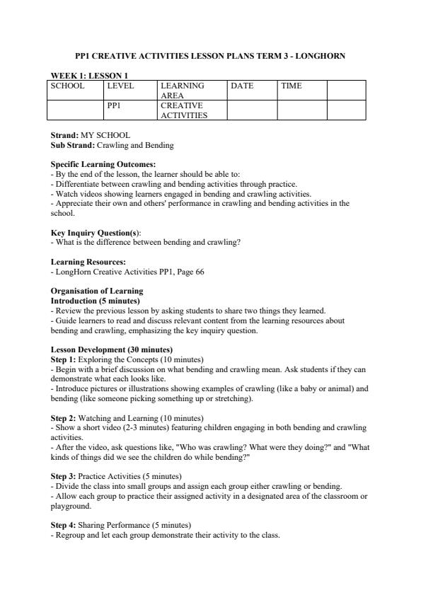 Page 1 – Pp1 Creative Activities Lesson Plans Term 3 - Longhorn – Kenyaplex