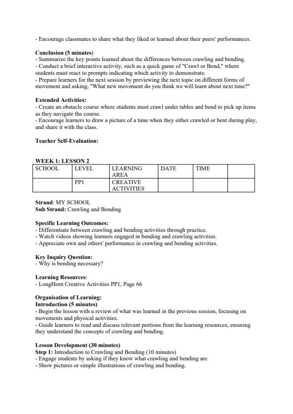 Page 2 – Pp1 Creative Activities Lesson Plans Term 3 - Longhorn – Kenyaplex
