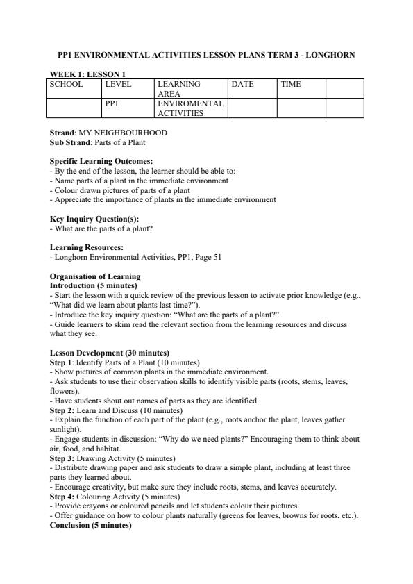 Page 1 – Pp1 Environmental Activities Lesson Plans Term 3 - Longhorn – Kenyaplex