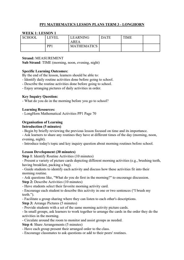 Page 1 – Pp1 Mathematics Lesson Plans Term 3 - Longhorn – Kenyaplex