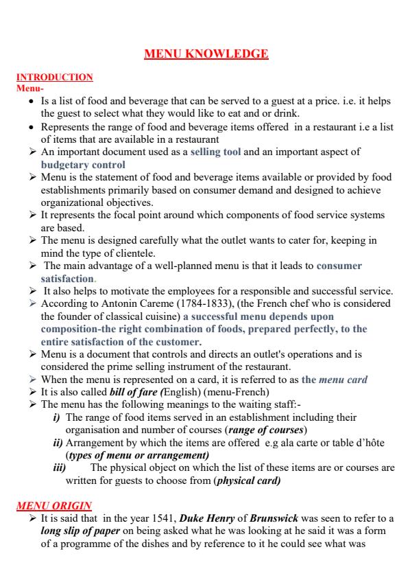 Practical Cookery Menu Knowledge Notes 13614