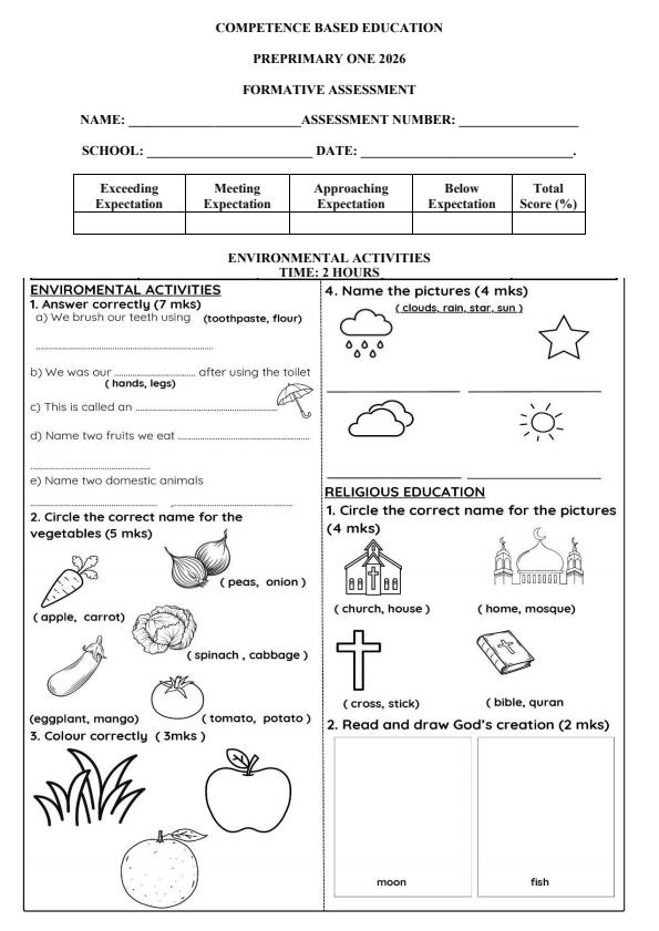 Page 2 – Pre - Primary 1 April 2026 Holiday Assignment – Kenyaplex