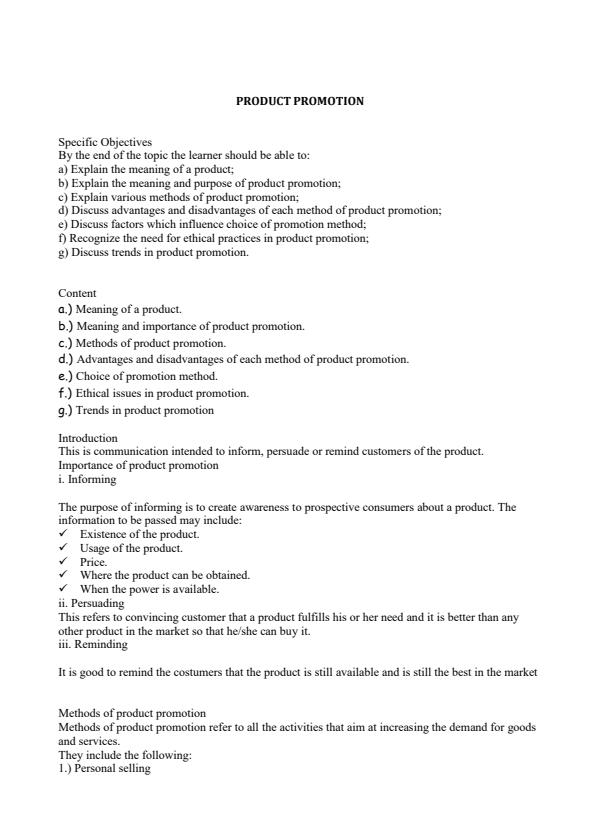 Page 1 – Product Promotion Notes: Form 2 Business Studies – Kenyaplex