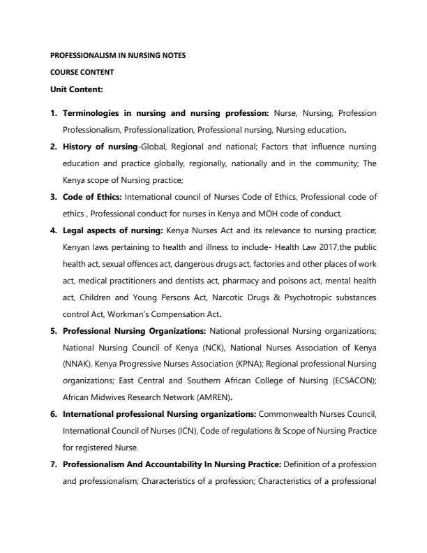Page 1 – Professionalism in Nursing Notes – Kenyaplex