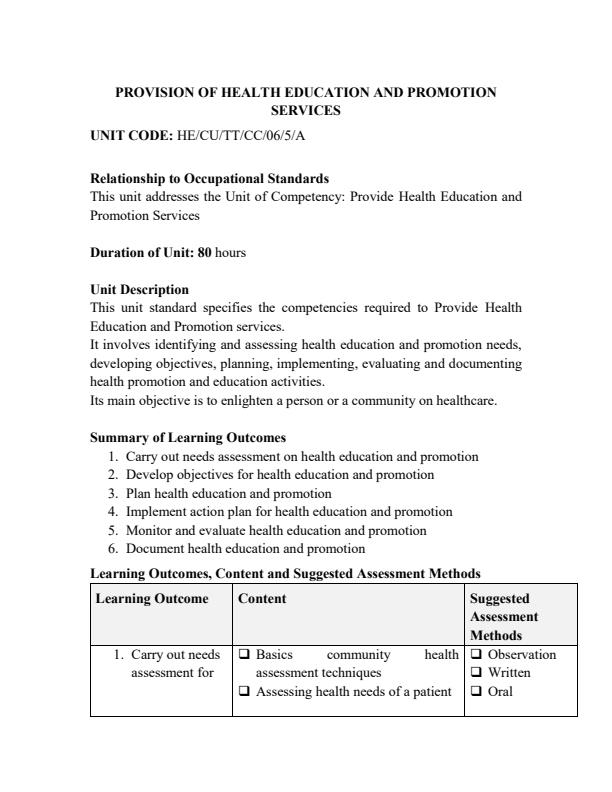 Page 1 – Provision of Health Education and Promotion Services Notes – Kenyaplex