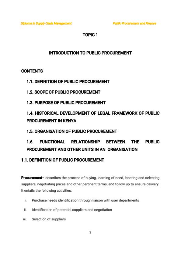 Page 3 – Public Procurement and Finance Notes for Diploma in Supply Chain Management – Kenyaplex