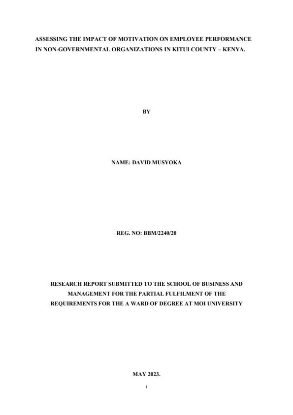 Page 1 – Research Project: Assessing the impact of motivation on employee performance in non-governmental organizations in Kitui County – Kenyaplex
