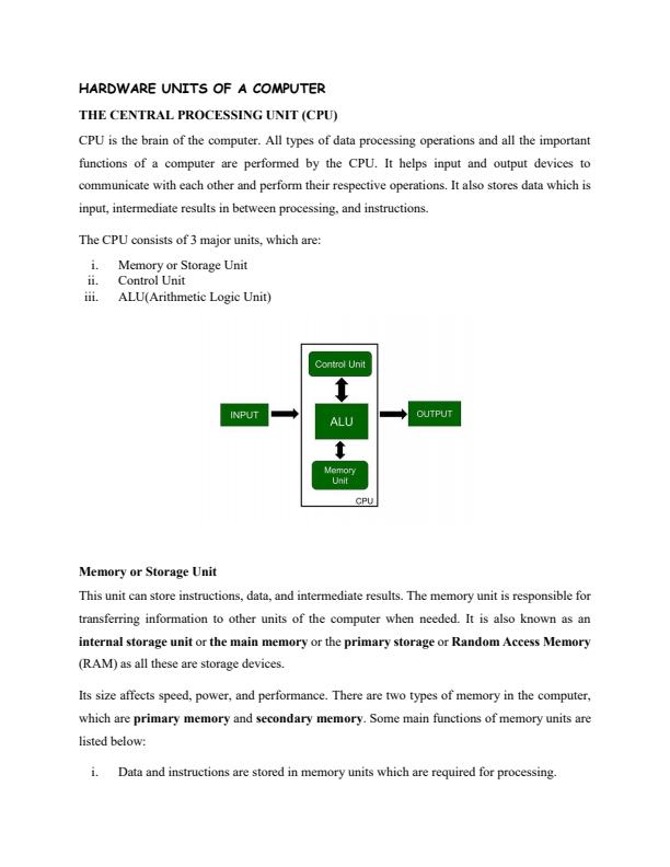 Page 1 – SCS 100: Computer Architecture Notes on Hardware Units of a Computer – Kenyaplex