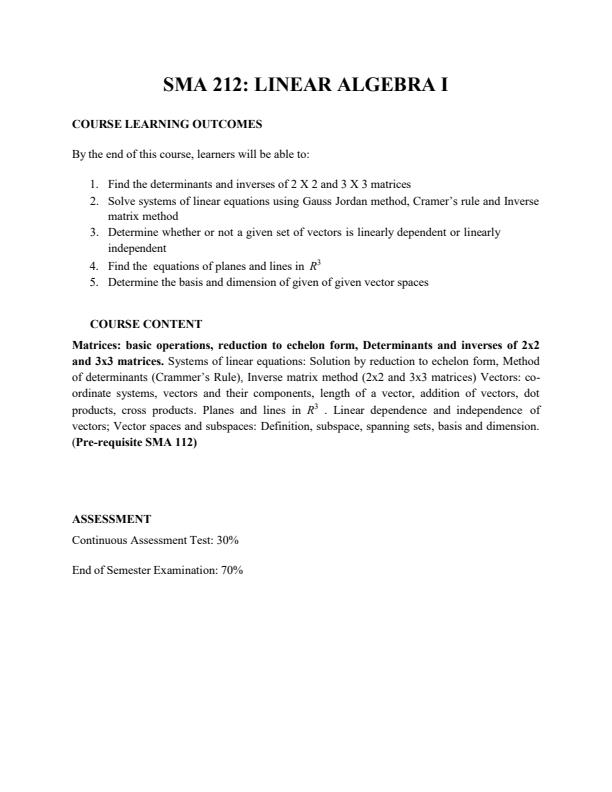 Page 1 – SMA 212: Linear Algebra I Notes – Kenyaplex