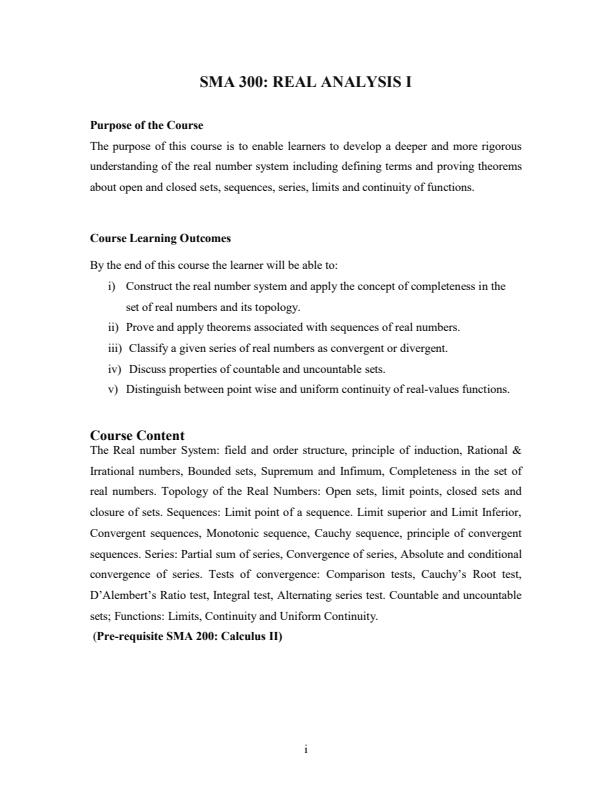 Page 1 – SMA 300: Real Analysis I Notes – Kenyaplex