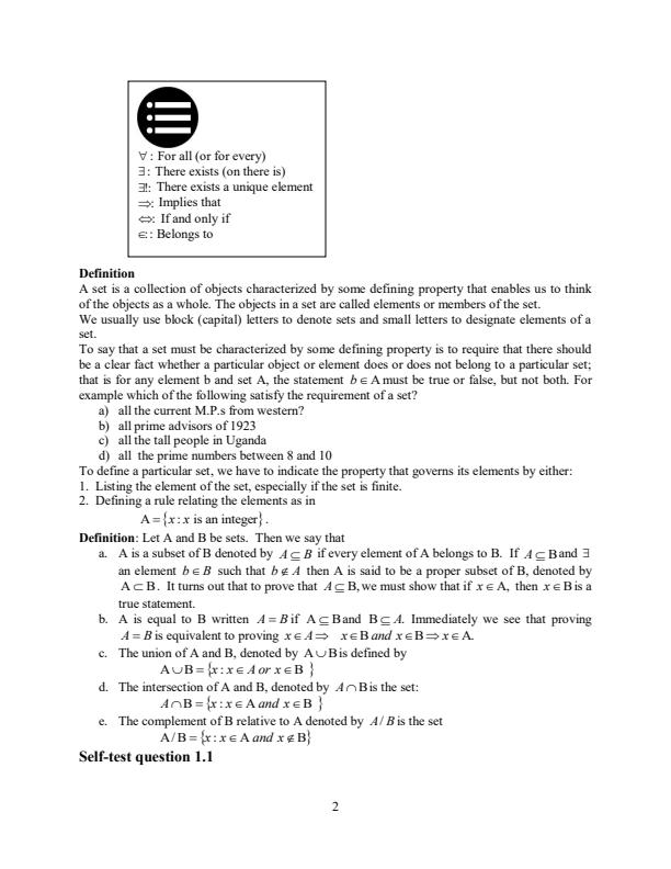 Page 2 – SMA 310: Real Analysis Lecture 1 Notes on Sets – Kenyaplex