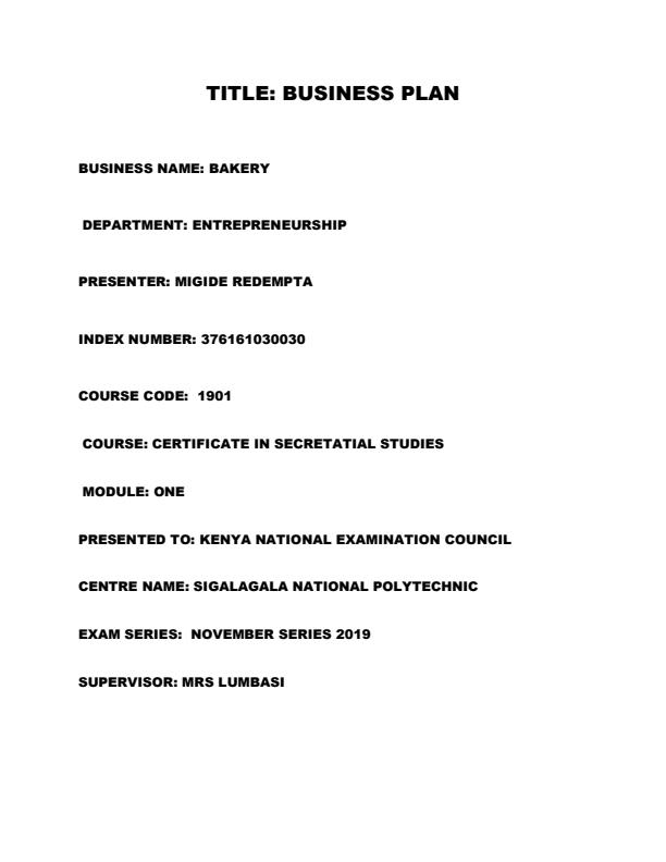 Page 1 – Sample Bakery Business Plan in Kenya – Kenyaplex