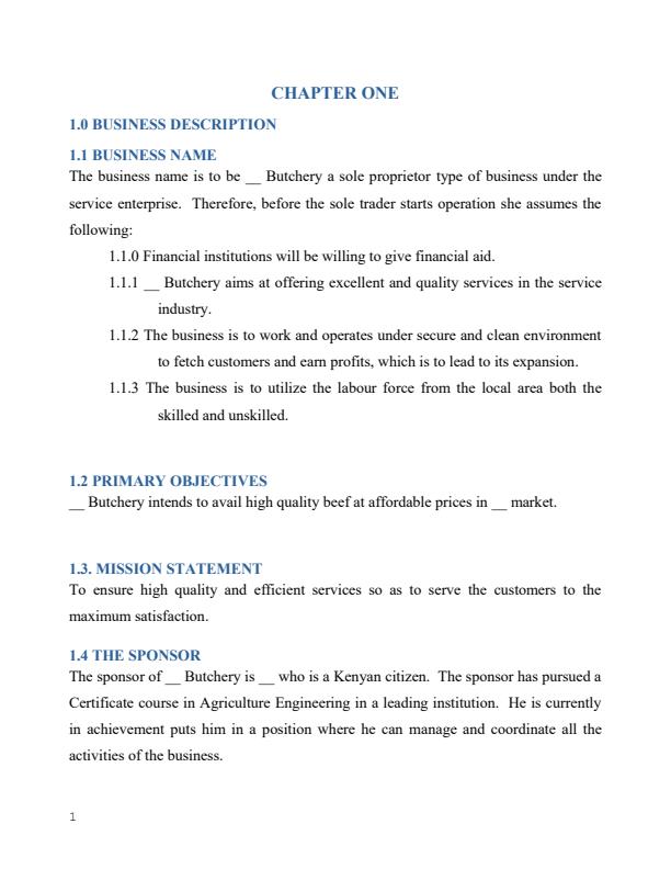 Page 3 – Sample Butchery Business Plan – Kenyaplex
