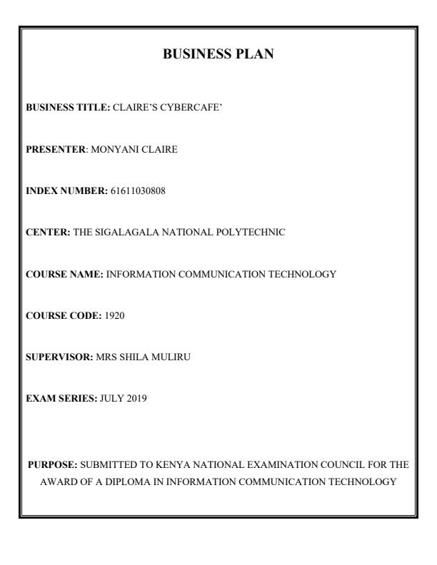 Page 1 – Sample Cyber Cafe Business Plan – Kenyaplex