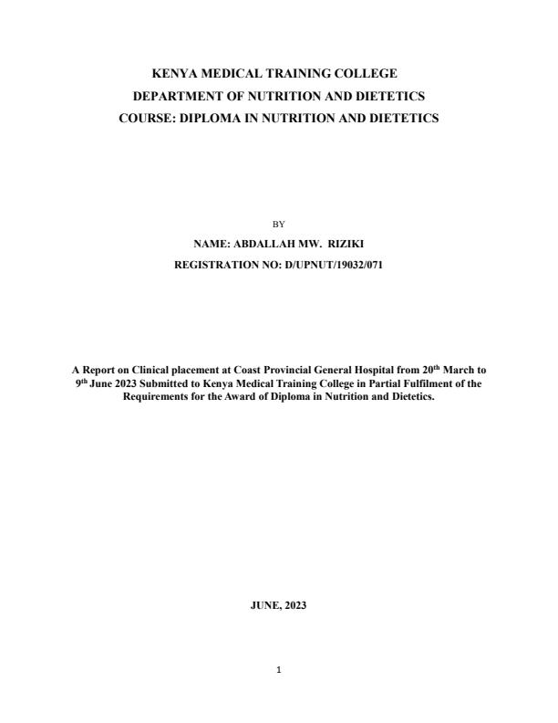 Page 1 – Sample Diploma and Certificate in Nutrition and Dietetics Attachment Report – Kenyaplex