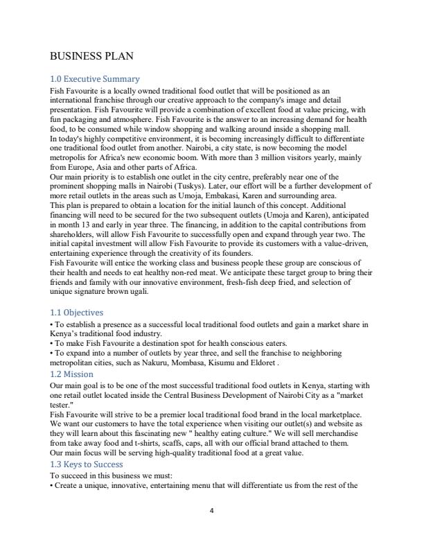 Page 3 – Sample Fish Outlet/Eatery Business Plan – Kenyaplex