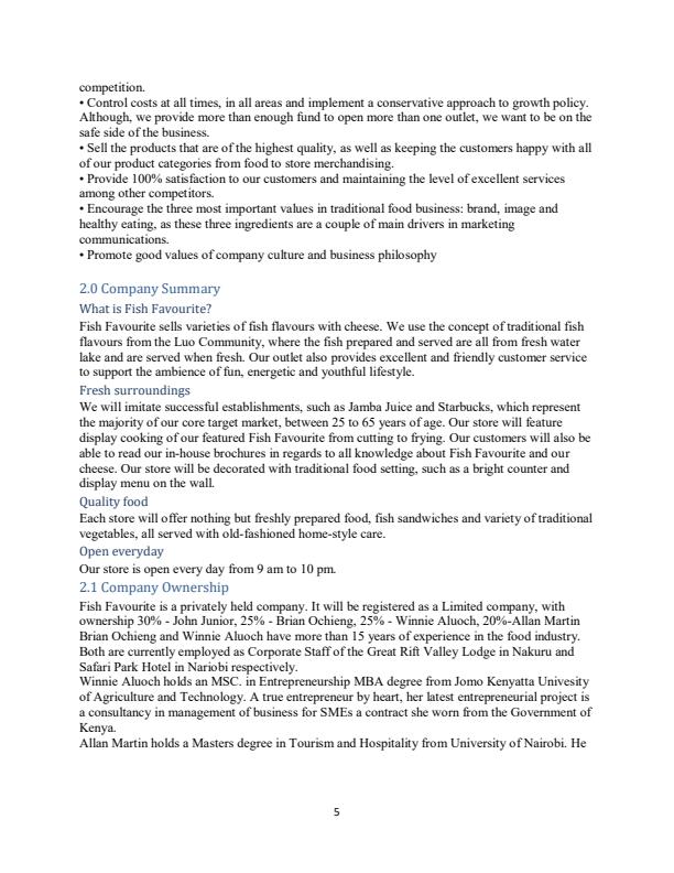 Page 4 – Sample Fish Outlet/Eatery Business Plan – Kenyaplex