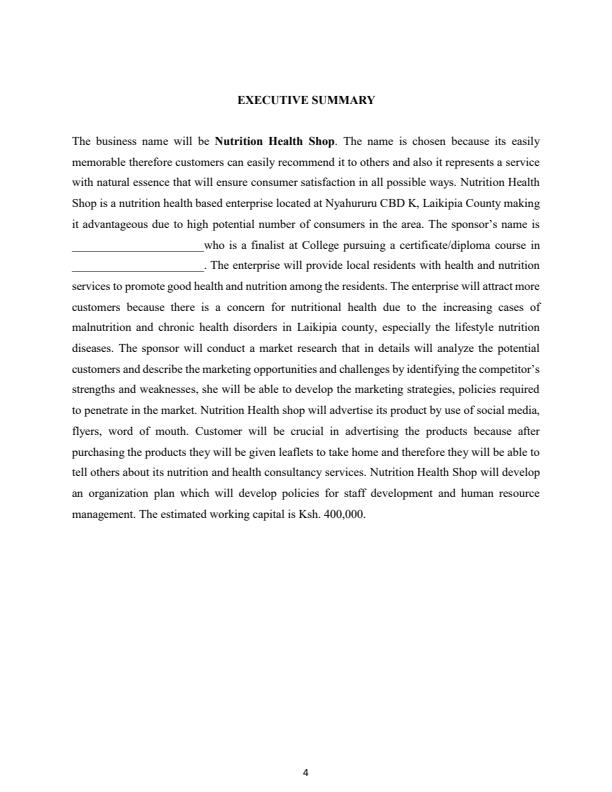 Page 4 – Sample Health and Nutrition Shop Business Plan – Kenyaplex