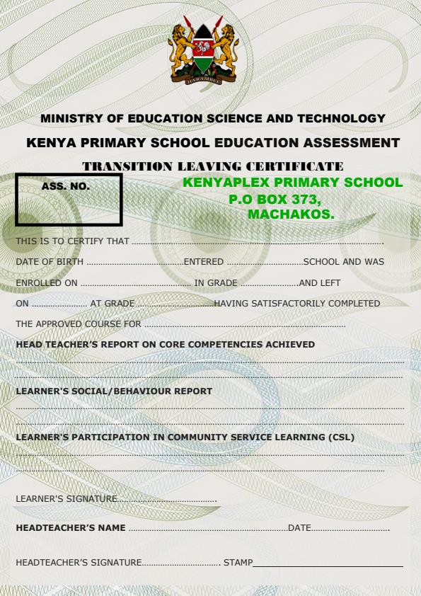 Sample KPSEA Transition Leaving Certificate