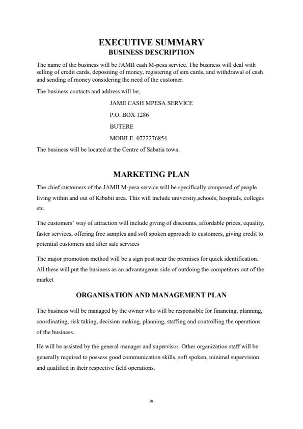 Page 1 – Sample Mpesa Business Plan – Kenyaplex