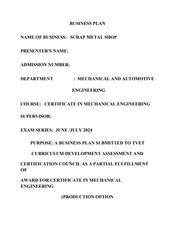 Page 1 – Sample Scraps Metal Shop Business Plan – Kenyaplex