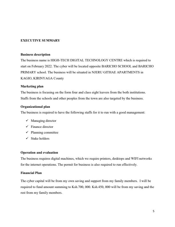 Page 4 – Sample Technology Centre Business Plan: Diploma in ICT – Kenyaplex