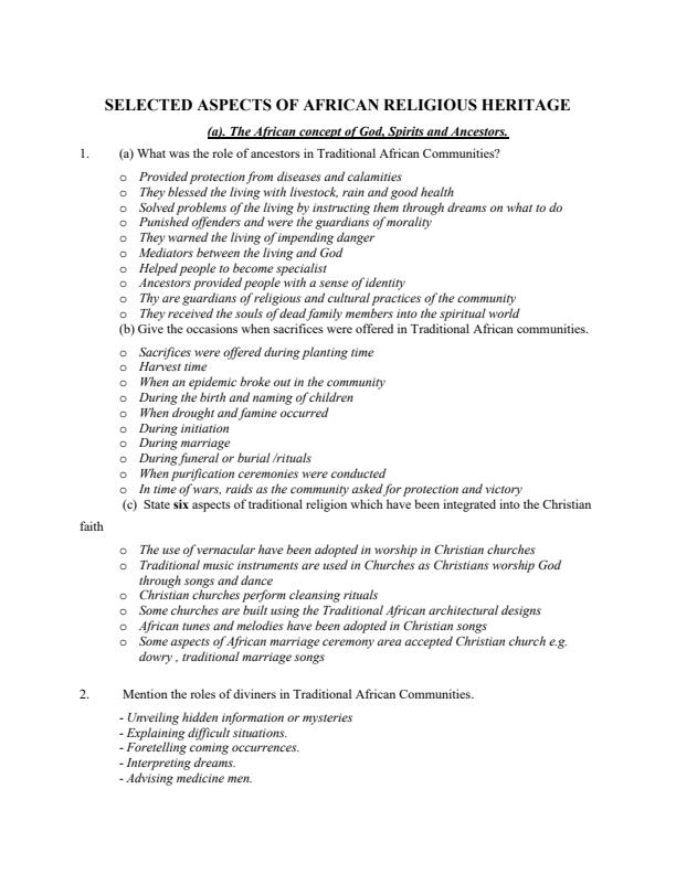 Page 1 – Selected Aspects of African Religious Heritage Topical Questions and Answers: Form 1 CRE – Kenyaplex