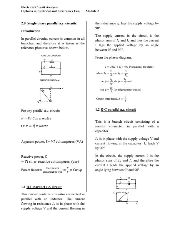 Page 1 – Single Phase Parallel A.C circuits – Kenyaplex