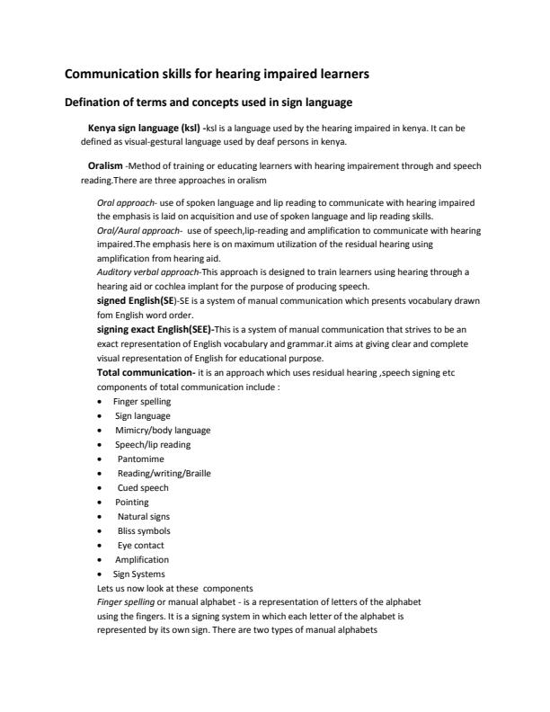 Page 1 – Sne 202: Communication Skills for Hearing Impaired Notes – Kenyaplex