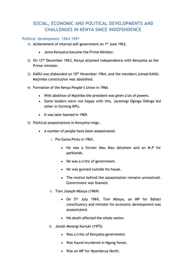 Page 1 – Social, Economic and Politcal Developments and Challenges in Kenya Since Independence: Form 4 – Kenyaplex