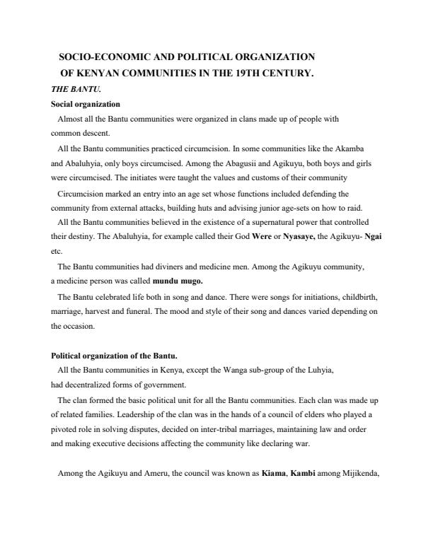 Page 1 – Socio-Economic and Political Organization of Kenyan Communities in the 19th Century Notes – Kenyaplex