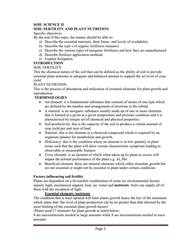 Page 1 – Soil Science II Notes: Soil Fertility and Plant Nutrition – Kenyaplex