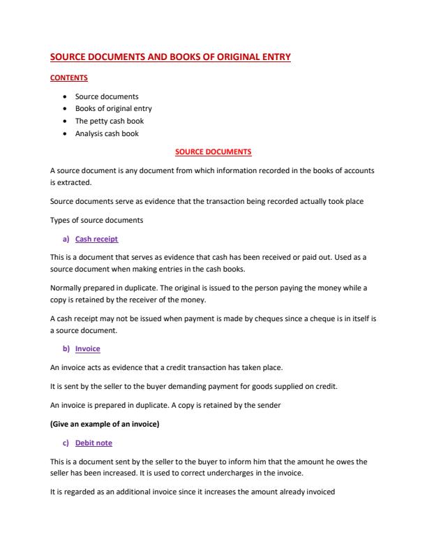 Page 1 – Source Documents and Books of Original Entry Notes: Form 4 Business Studies Notes – Kenyaplex