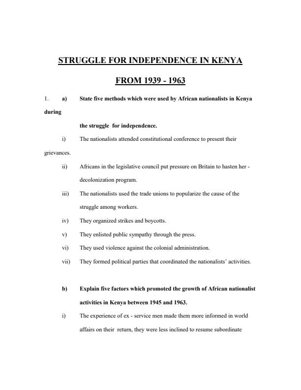 Page 1 – Struggle for Independence in Kenya from 1939-1963 Topical Questions and Answers – Kenyaplex