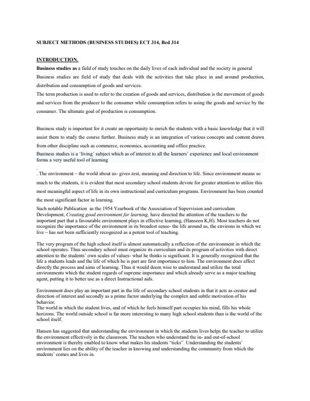 Page 1 – Subject Methods (Business Studies) ECT 314, BED 314 Notes – Kenyaplex