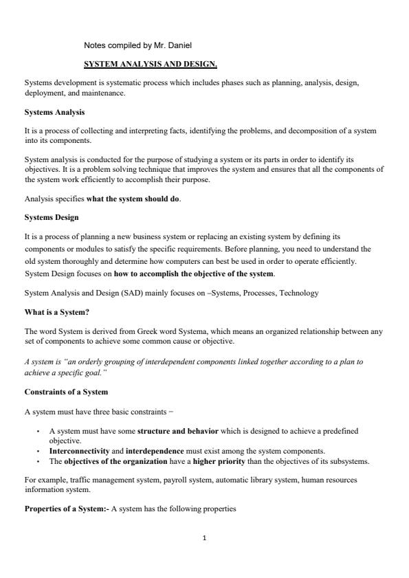 Page 1 – System Analysis and Design Notes for KNEC Diploma in ICT – Kenyaplex