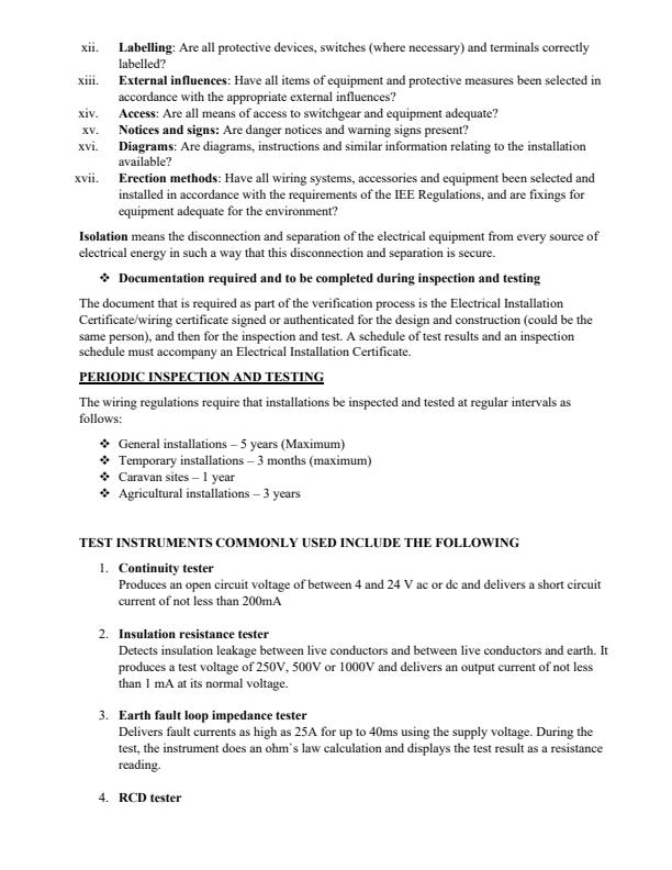 Testing and Inspection of Electrical Installations Notes 15662