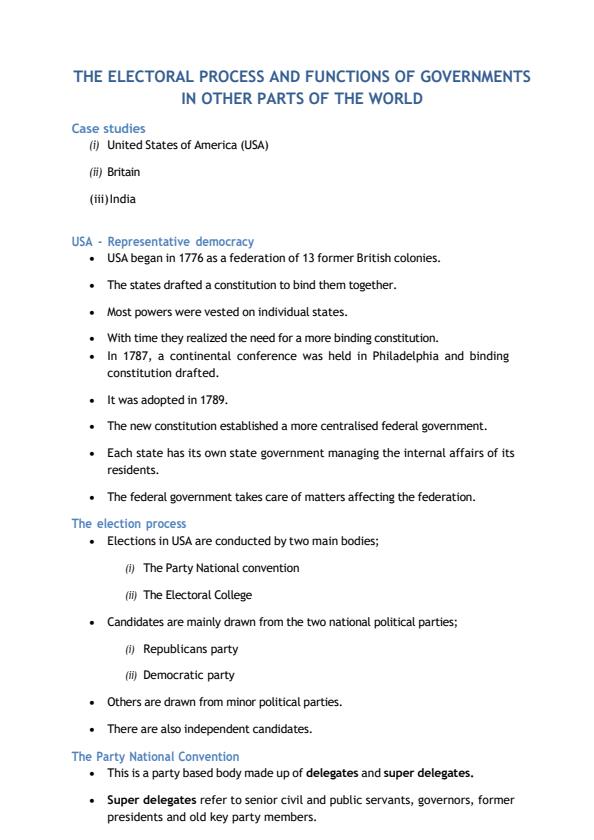 Page 1 – The Electoral Process and Functions of Governments in Other Parts of the World Notes: Form 4 – Kenyaplex
