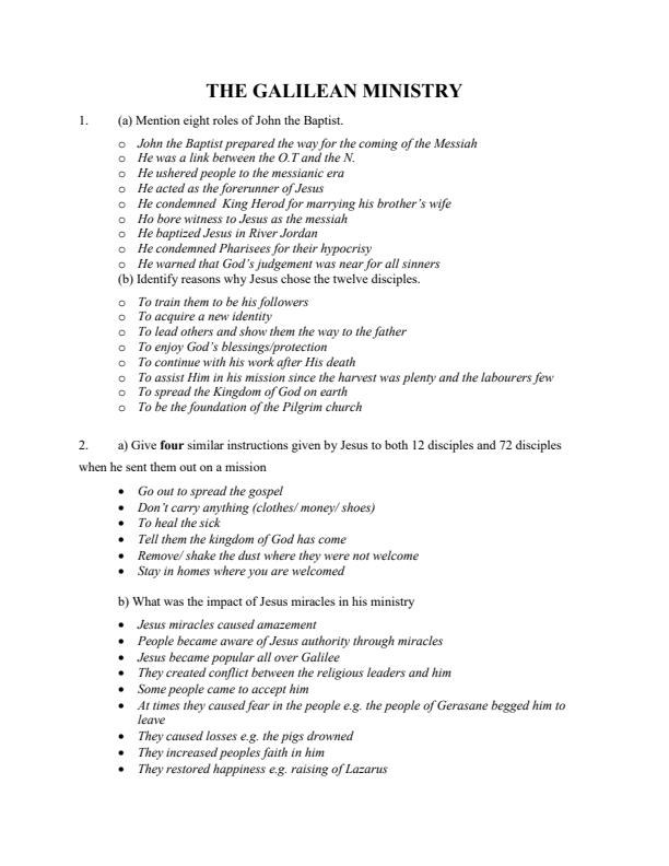 Page 1 – The Galilean Ministry Topical Questions and Answers: Form 2 CRE – Kenyaplex