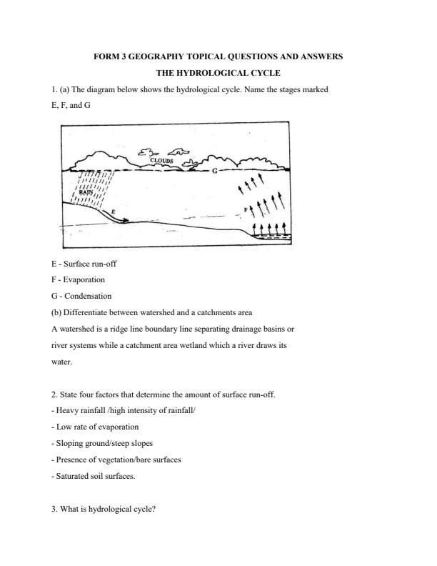 The Hydrological Cycle Topical Questions and Answers Form 3 Geography