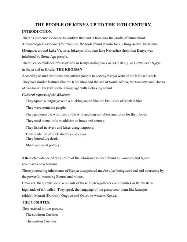 Page 1 – The People of Kenya Upto  the 19th Century Notes: Form 1 History and Government – Kenyaplex