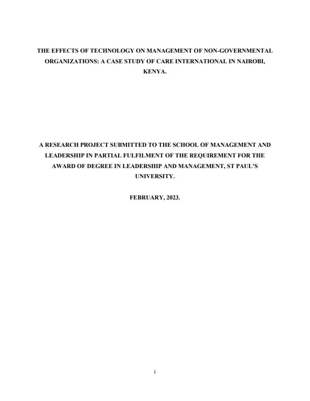 Page 1 – The effects of technology on management of non-governmental organizations: A case study of Care International in Nairobi, Kenya – Kenyaplex