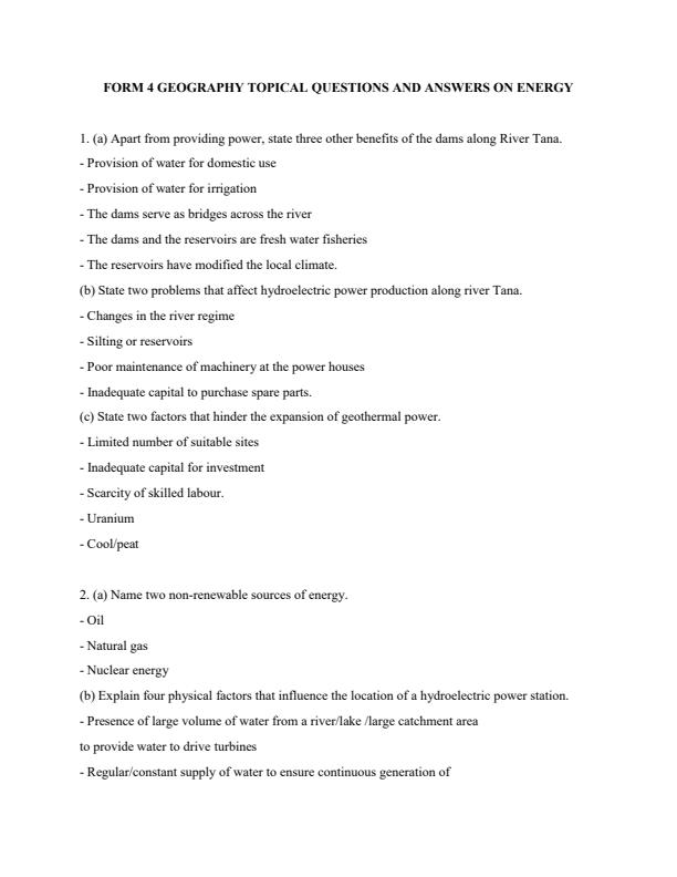 Page 1 – Topical Questions and Answers on Energy: Form 4 Geography – Kenyaplex