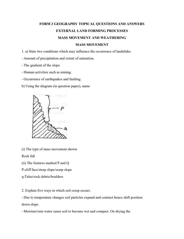Page 1 – Topical Questions and Answers on External Land Forming Processes(Mass Movement and Weathering) – Kenyaplex