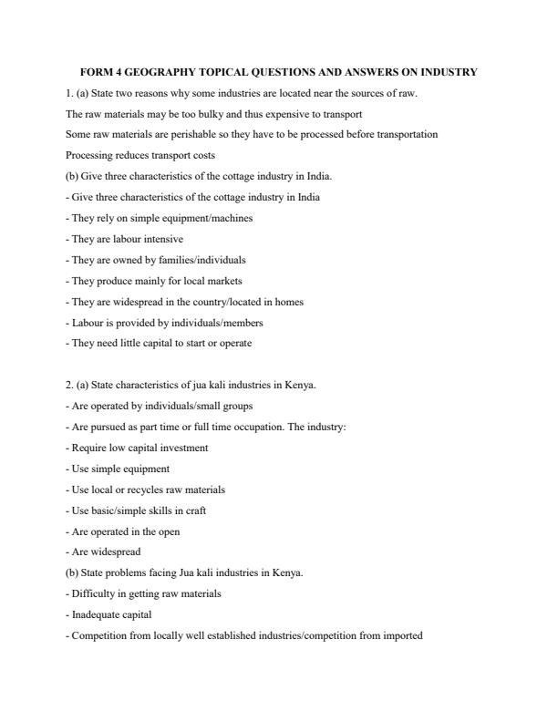 Page 1 – Topical Questions and Answers on Industry: Form 4 Geography – Kenyaplex