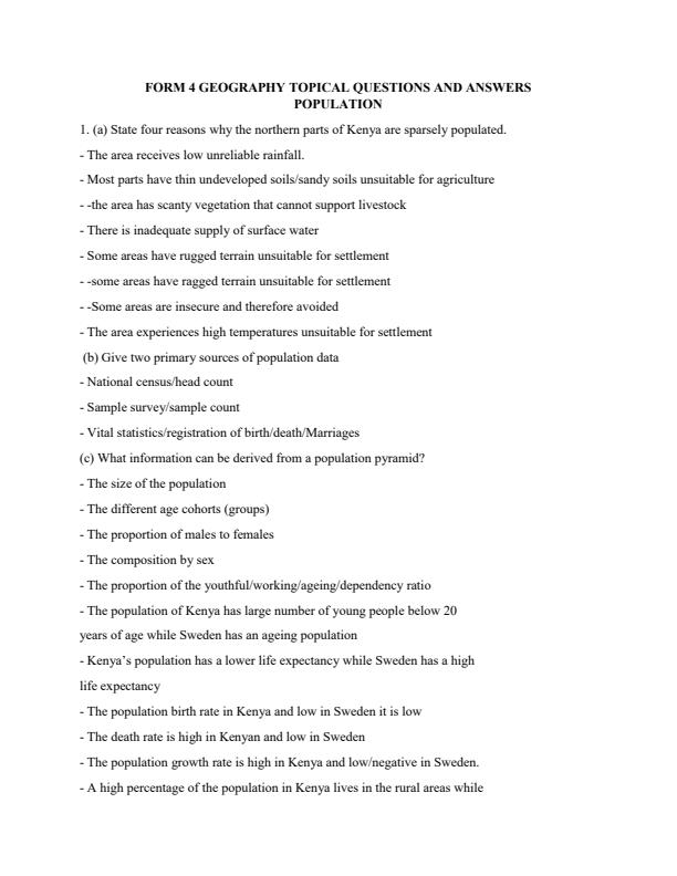 Page 1 – Topical Questions and Answers on Population: Form 4 Geography – Kenyaplex