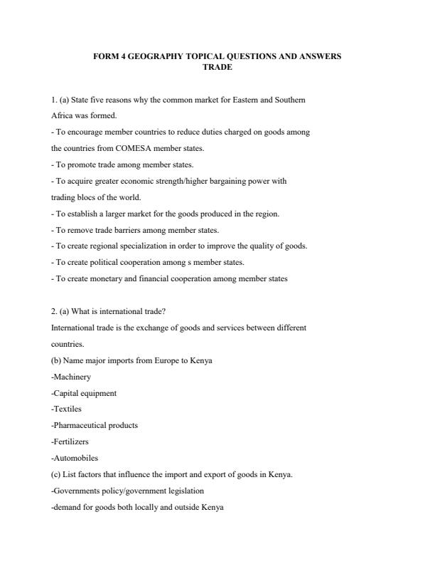 Page 1 – Topical Questions and Answers on Trade: Form 4 Geography – Kenyaplex
