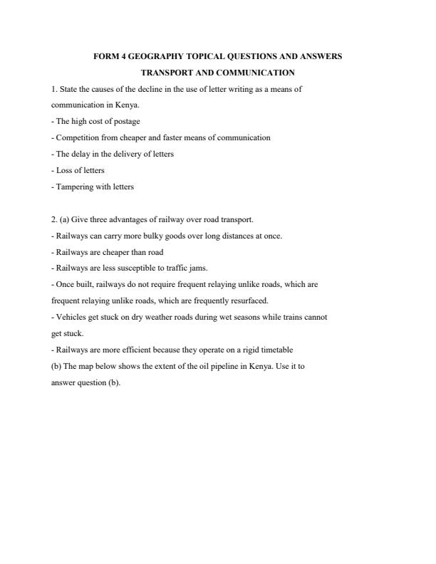Page 1 – Transport and Communication Topical Questions and Answers: Form 4 Geography – Kenyaplex